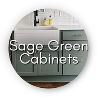 Circle says "Sage Green Cabinets" over a background of sage green kitchen cabinets
