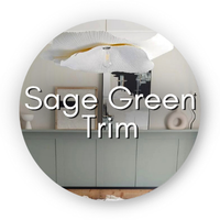 Circle says "Sage green trim" over a background of sage green wainscoting in a bedroom