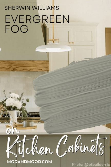 Sherwin Williams Evergreen Fog on a kitchen island and range hood.