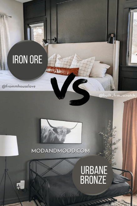 Swatch of Iron Ore over the color in a bedroom and a swatch of Urbane Bronze over the same.