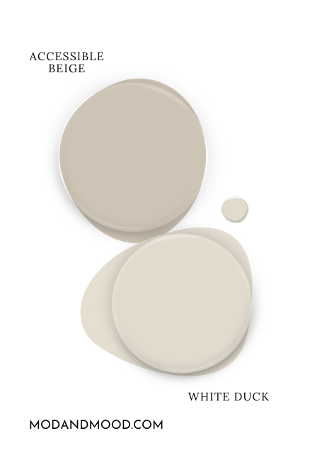 Sherwin Williams Accessible Beige paint dot swatched above a dot of White Duck.