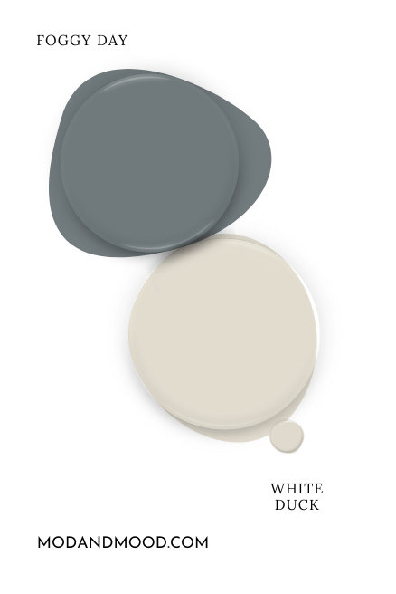 Sherwin Williams White Duck paint dot swatched above a dot of Foggy Day.