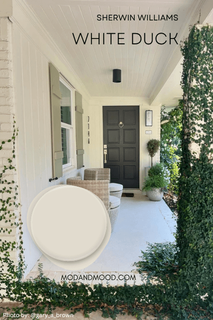 Sherwin Williams White duck swatched over an image of the color on an exterior.