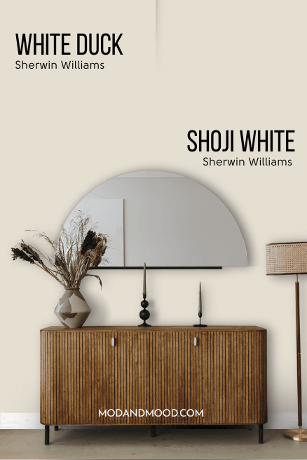 Sherwin Williams White Duck on half of a wall behind a wood console hall table and a half moon mirror.