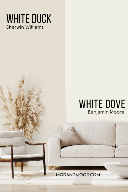 Sherwin Williams White Duck on half of a wall and White Dove on the other half