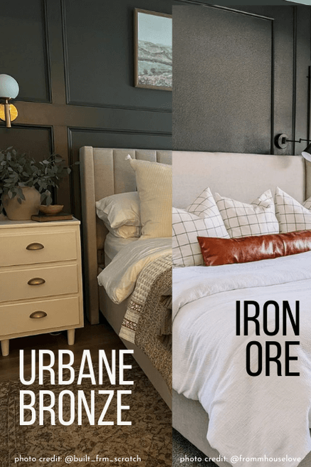 Sherwin Williams Urbane Bronze on half of a wall in a bedroom where it is leaning more green and Iron Ore on the other half in a very similar bedroom where it also looks green