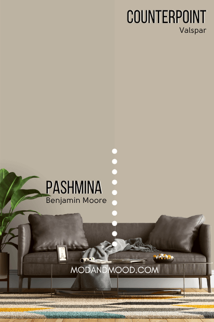 Benjamin Moore Pashmina on half of a wall and Valspar dupe Counterpoint on the other half behind a gray leather sofa
