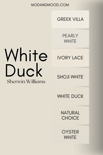 Color strip for White Duck features many similar whites. Colors are Greek Villa, Pearly White, Ivory Lace, Shoji White, White Duck, Natural Choice, and Oyster White over a background of the color of White duck.