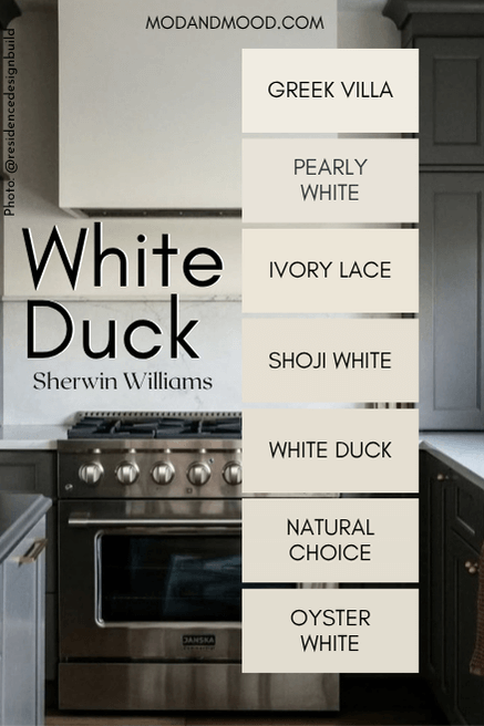 Color strip for White Duck features many similar whites. Colors are Greek Villa, Pearly White, Ivory Lace, Shoji White, White Duck, Natural Choice, and Oyster White over a background of White duck and brown cabinets