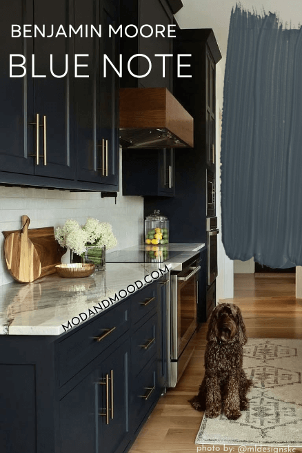 Benjamin Moore Blue Note swatched beside a photo of the color on cabinets