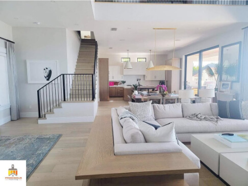 Sherwin Williams Drift of Mist in an open plan kitchen and living room