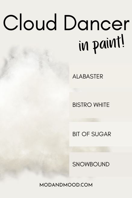 Pantone Cloud Dancer background with swatches down the right side of dupes. From top to bottom dupes are Alabaster, Bistro White, Bit of Sugar, and Snowbound.