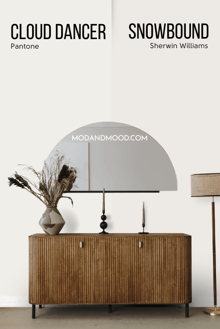 Pantone Cloud Dancer on half of a wall and Sherwin Williams Snowbound on the other half