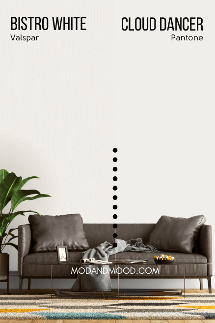 Bistro White on half of a wall - the Valspar dupe for cloud dancer, which is on the other half of the wall -behind a gray leather sofa.
