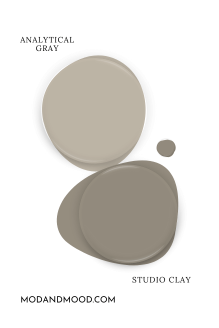 Paint dot swatch of Sherwin Williams Studio Clay beside the same of coordinating color Analytical Gray