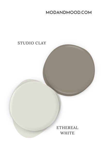 Paint dot swatch of Sherwin Williams Studio Clay beside the same of coordinating color Ethereal White
