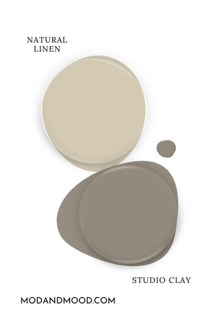 Paint dot swatch of Sherwin Williams Studio Clay beside the same of coordinating color Natural Linen