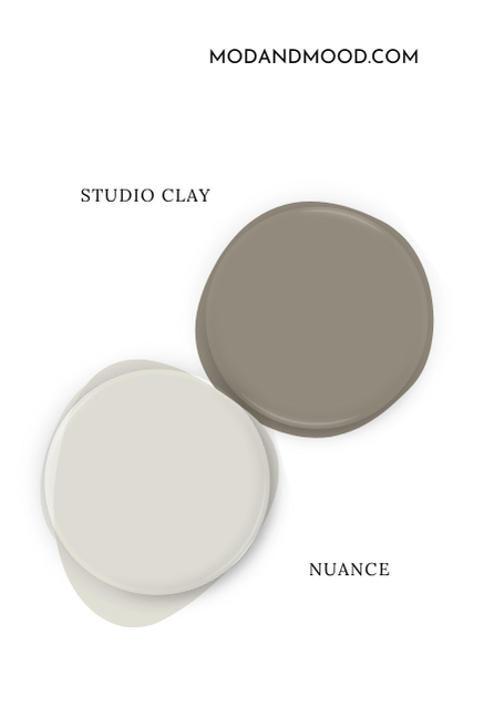 Paint dot swatch of Sherwin Williams Studio Clay beside the same of coordinating color Nuance