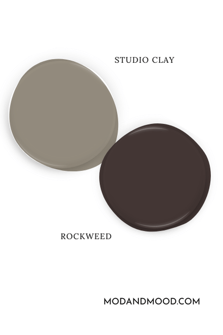 Paint dot swatch of Sherwin Williams Studio Clay beside the same of coordinating color Rockweed