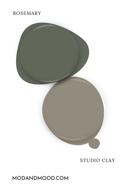 Paint dot swatch of Sherwin Williams Studio Clay beside the same of coordinating color Rosemary