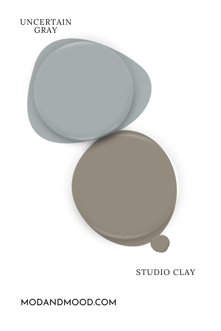 Paint dot swatch of Sherwin Williams Studio Clay beside the same of coordinating color Uncertain Gray