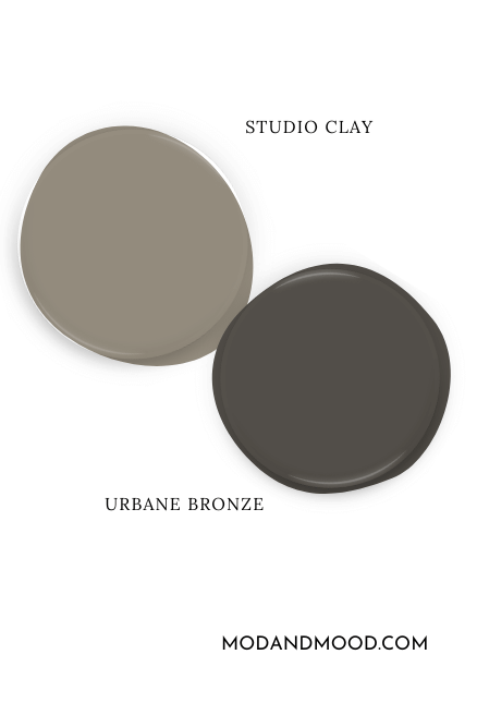 Paint dot swatch of Sherwin Williams Studio Clay beside the same of coordinating color Urbane Bronze