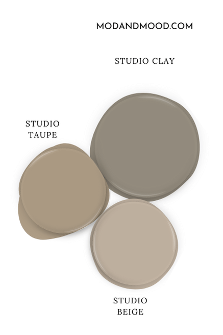 Sherwin Williams Studio Clay swatched beside Studio Biege, and Studio Taupe.