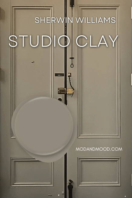 Sherwin Williams Studio Clay swatched over a photo of the same color on a door.