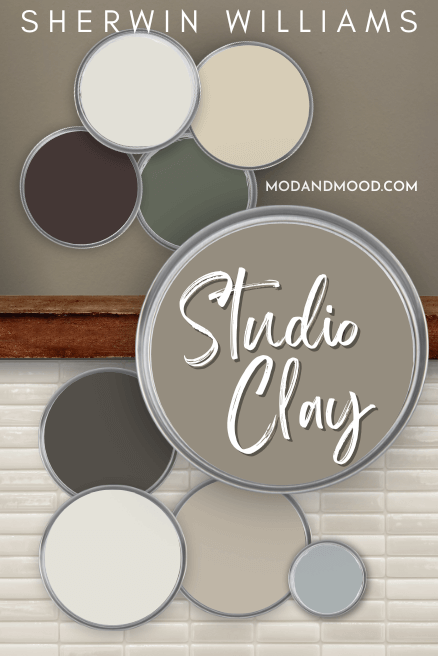 Sherwin Williams Studio clay with paint lids of all the coordinating colors from the article.