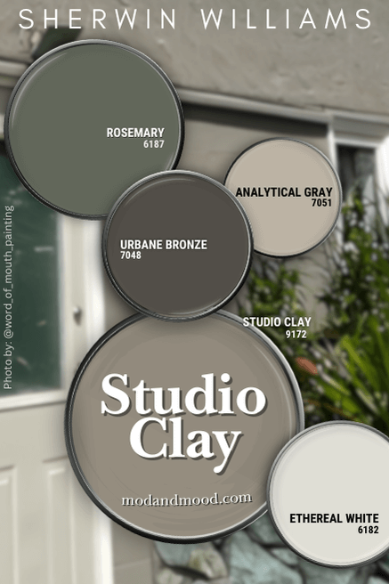 Sherwin Williams Studio Clay in a color palette with Rosemary, Urbane Bronze, Analytical Gray, and Ethereal White, over a background of a similar color on an exterior.