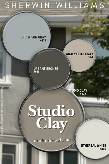 Sherwin Williams Studio Clay in a color palette with Uncertain Gray, Urbane Bronze, Analytical Gray, and Ethereal White, over a background of a similar color on an exterior.