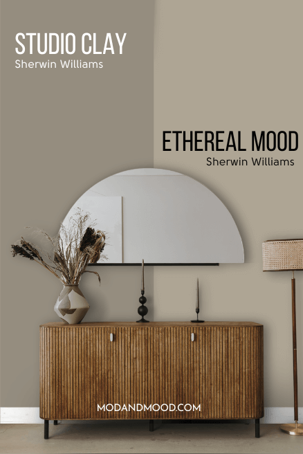 Sherwin Williams Studio Clay vs Ethereal Mood each on half of a wall behind a wooden console table with a half moon mirror.