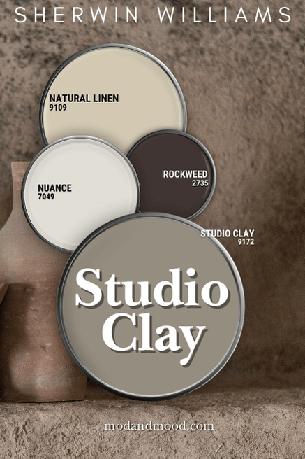 Sherwin Williams Studio Clay alongside recommended coordinating colors from the brand: Nuance, Natural Linen, and Rockweed.