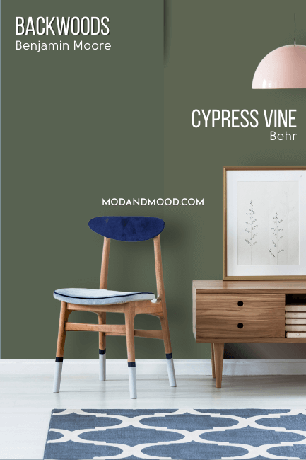 Benjamin Moore Backwoods on half of a wall compared to the other half of the wall in Behr dupe Cypress Vine.