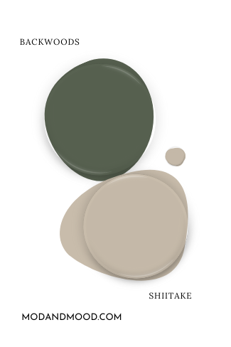 Swatch of Benjamin Moore Backwoods with coordinating color Sherwin Williams Shiitake