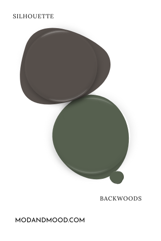 Swatch of Benjamin Moore Backwoods with coordinating color Silhouette