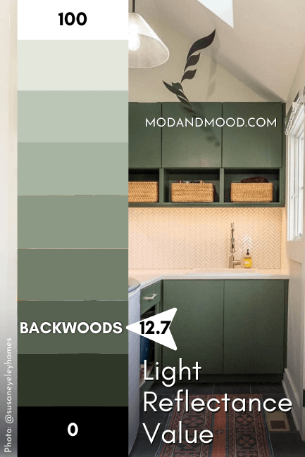 The LRV of Backwoods marked at 12.7 on a scale of 100 (pure white) to 0 (true black) over a background of Backwoods on laundry room cabinets.