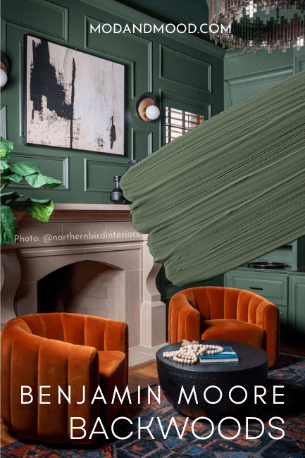 Benjamin Moore Backwoods on a wood panelled wall and swatched in paint over top.