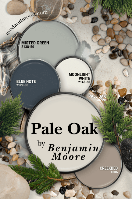 Benjamin Moore Pale Oak in a color palette with Misted Green, Blue Note, moonlight White, and Creekbed, over a spread of pebbles, forest sprigs, sand and rocks.