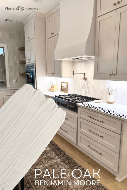 Benjamin Moore Pale Oak swatched over a kitchen with cabinets in the color.
