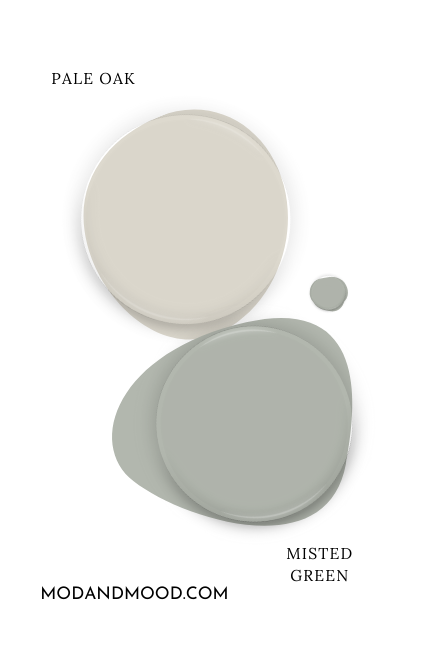 Benjamin Moore Pale Oak alongside coordinating color Misted Green