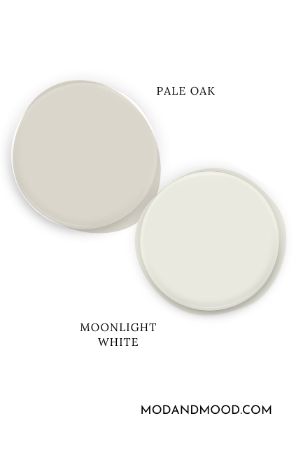 Benjamin Moore Pale Oak alongside coordinating color Moonlight White