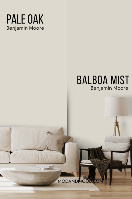 Benjamin Moore Balboa Mist on half of a wall and Pale Oak on the other half behind a beige sofa and a wood chair.