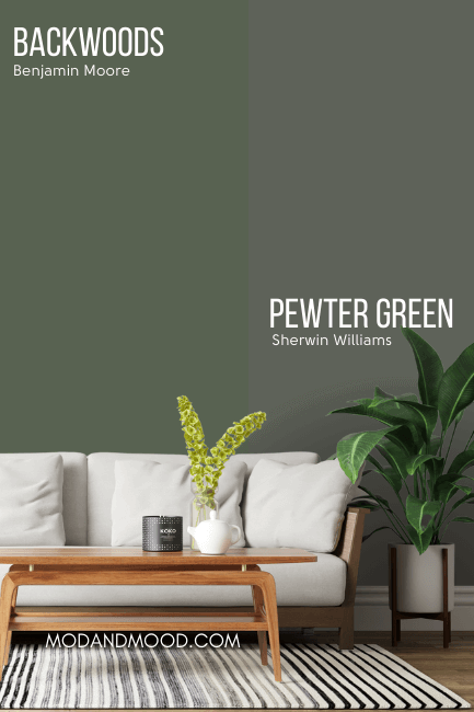 Benjamin Moore Backwoods on half of a wall compared to the other half of the wall in Sherwin Williams Pewter Green behind a white sofa
