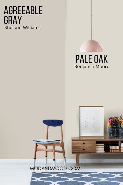 Sherwin Williams Agreeable Gray on half of a wall and Pale Oak on the other half behind a wood console table and a wood chair with a blue back and seat cushion.