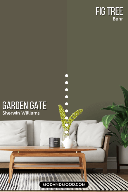 Sherwin Williams Garden Gate on half of a wall and Behr Fig Tree on the other side behind a white sofa.