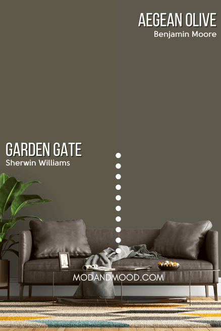 Sherwin Williams Garden Gate on half of a wall and Benjamin Moore Aegean Olive on the other side behind a gray leather sofa.