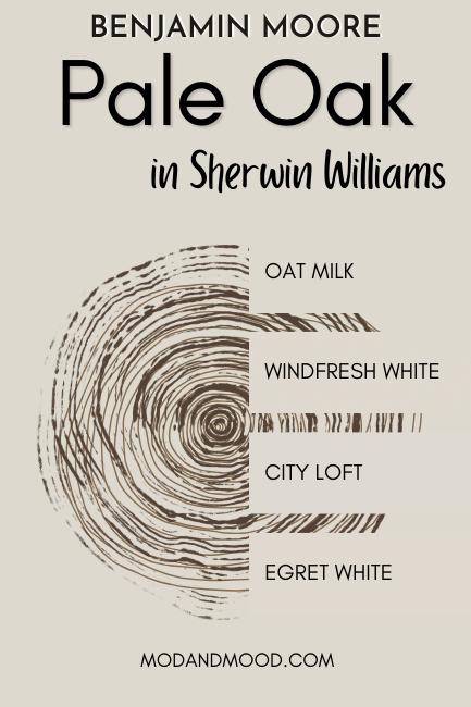 Sherwin Williams alternatives for Pale Oak swatched down the side of a graphic with Pale Oak as the background. Alternatives are top to bottom: Oat Milk, Windfresh White, City Loft, and Egret White.