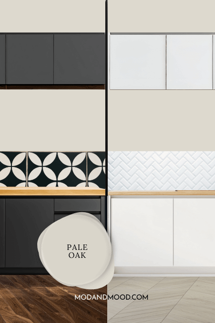 Rendering of a black kitchen on one half and white kitchen on the other half, with Pale Oak on the walls for both