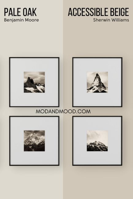 Pale Oak on half of a gallery wall of black and white pictures, and Sherwin Williams Accessible Beige on the other half.